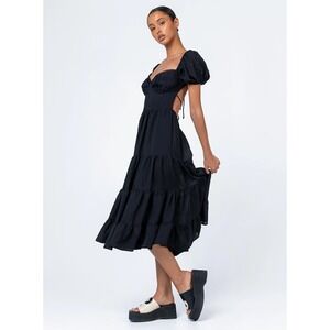 Princess Polly Black Tiered Dani Midi Dress Puff Sleeve Open Back Lace Trim US 8
